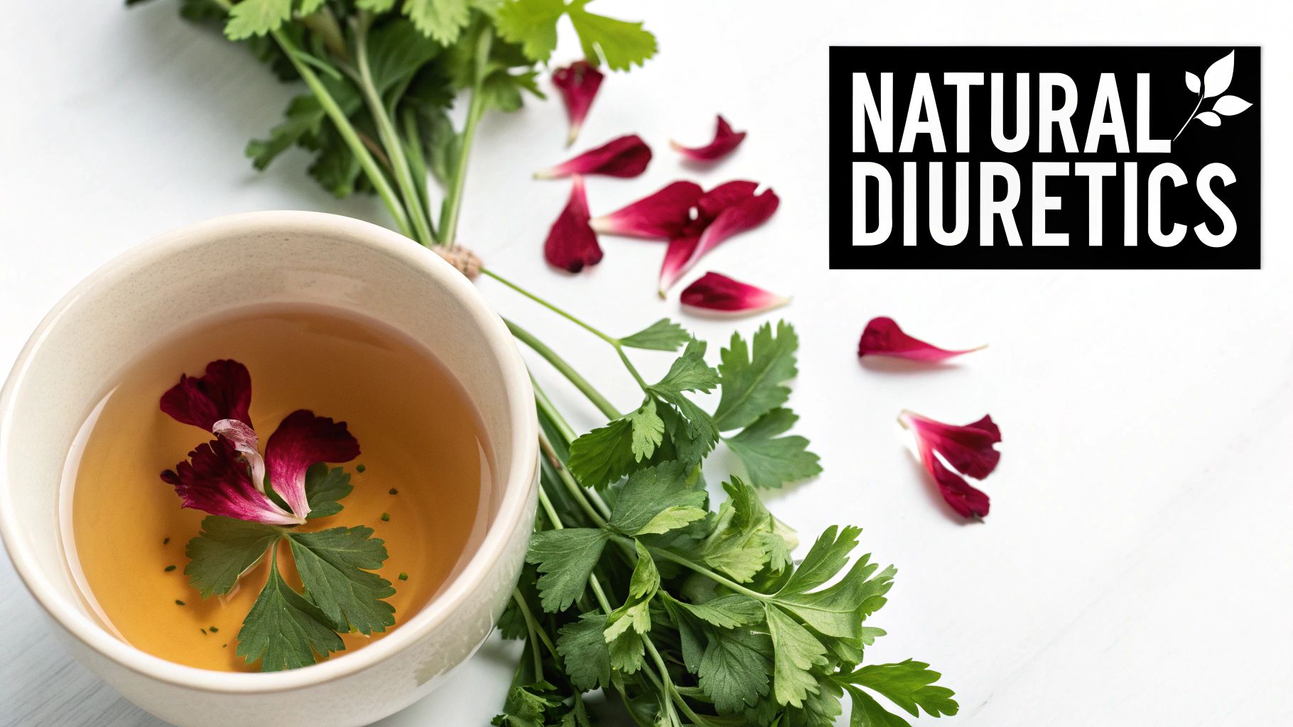Herbal tea with parsley and flower petals, symbolizing natural diuretics for water retention.