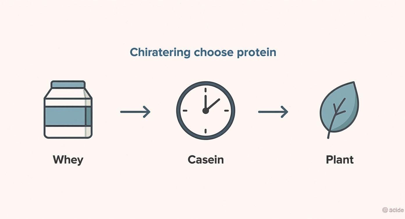 Illustration showing three types of protein: fast-digesting whey, slow-digesting casein (clock), and plant-based protein.