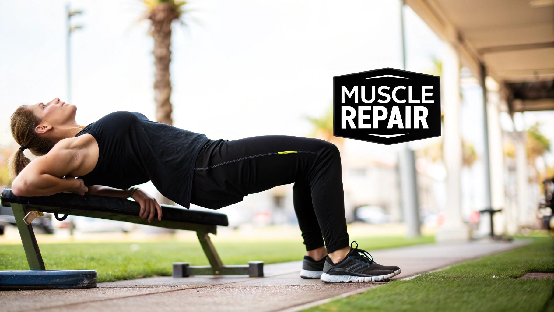A woman performs a hip thrust exercise outdoors using a workout bench, promoting muscle repair.