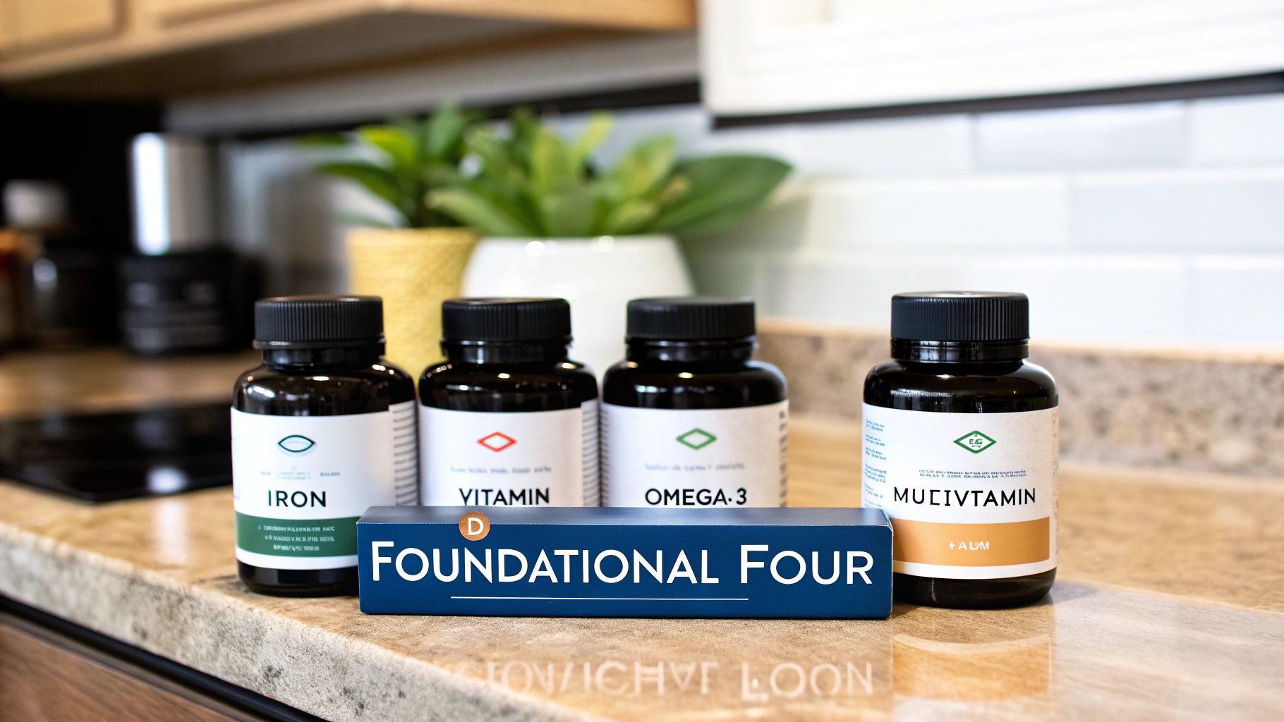 Group of postpartum supplements including iron and vitamin D