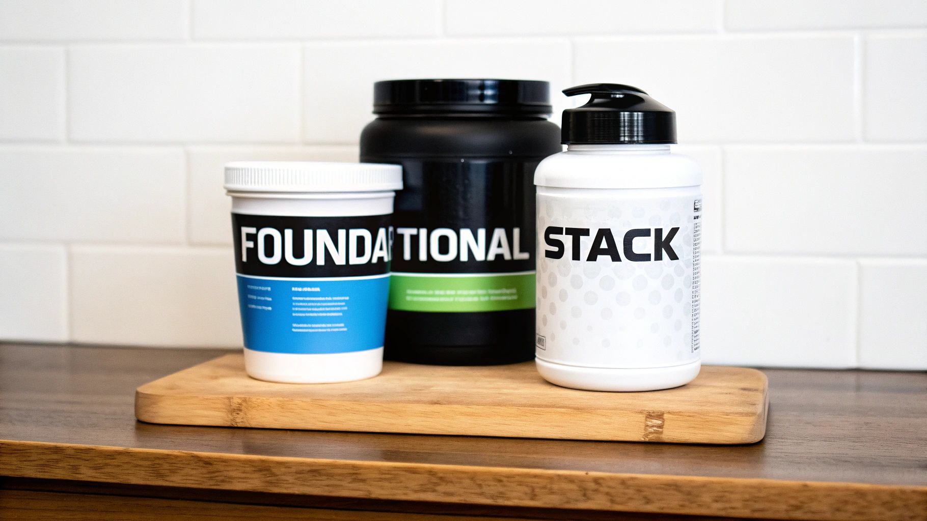 A woman prepares a supplement shake in a modern kitchen, with containers of protein powder and creatine on the counter.