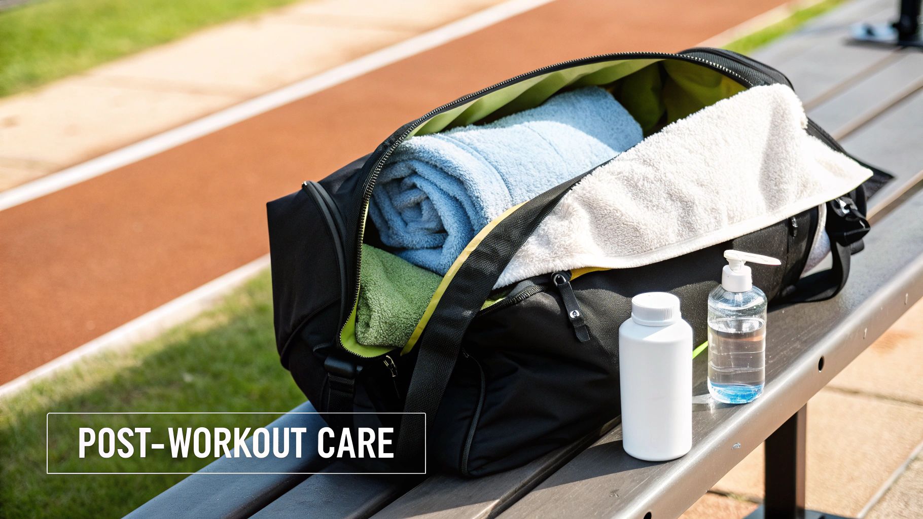 Woman with clear skin drinking water in a gym setting