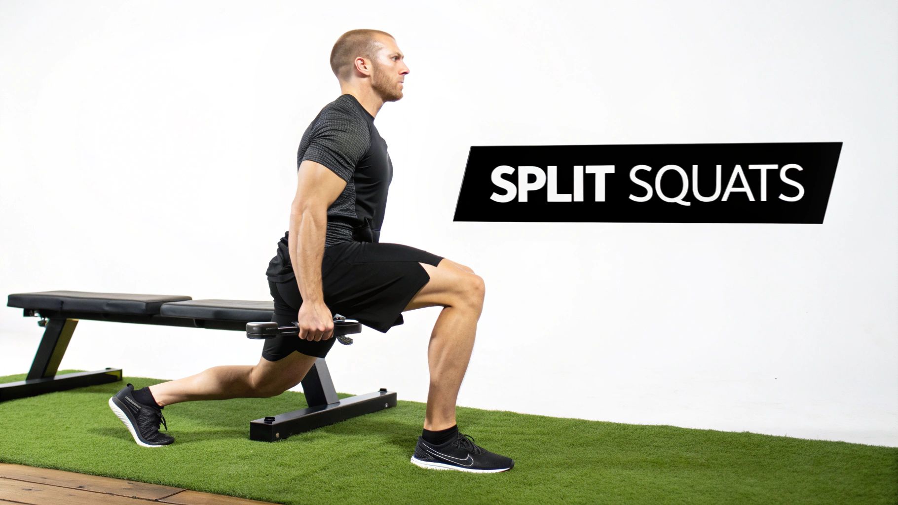 Man performing split squats exercise with dumbbells on workout bench for glute activation