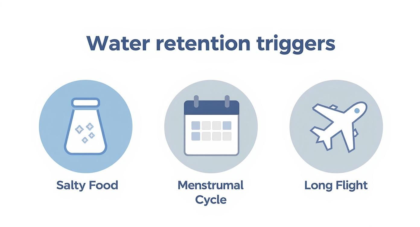 Infographic illustrating water retention triggers: salty food, menstrual cycle, and long flights with icons.