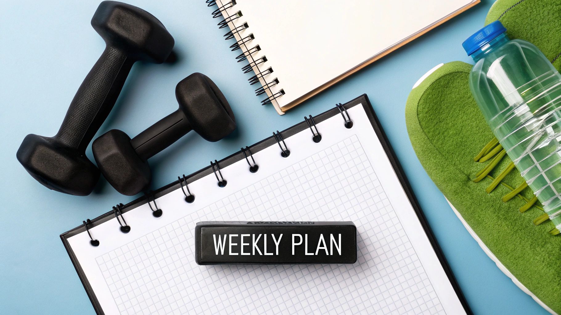 A woman with a training log book smiling and planning her weekly workouts in a modern gym.
