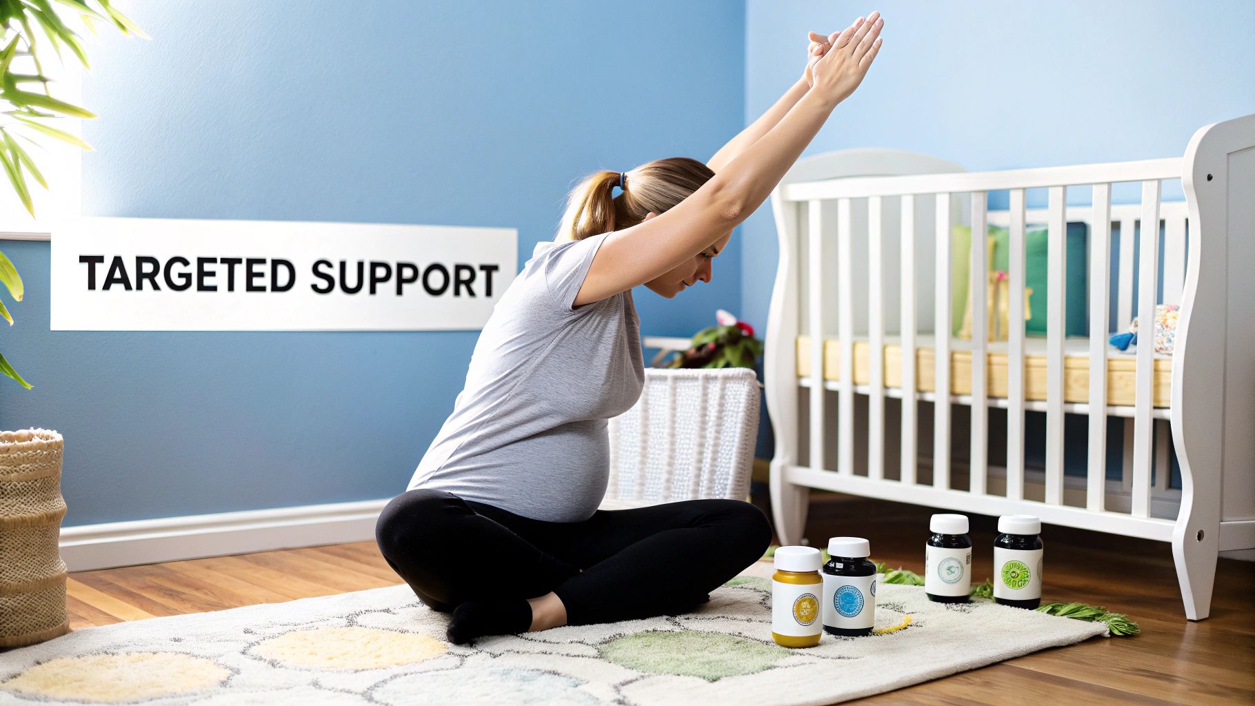 Woman holding supplements and looking thoughtful