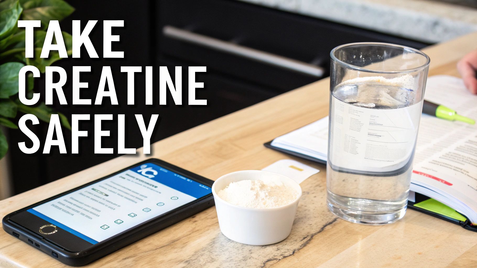 Creatine powder supplement with glass of water on desk for safe supplementation
