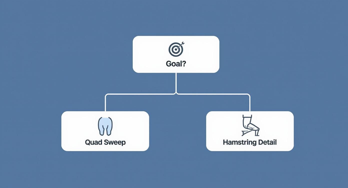 Infographic decision tree asking 'Goal?' with options for 'Quad Sweep' or 'Hamstring Detail', guiding users toward specific isolation leg goals.