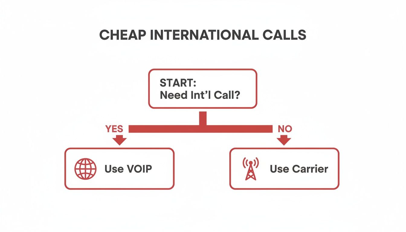 Flowchart demonstrating how to make cheap international calls: use VOIP if needed, otherwise use carrier.