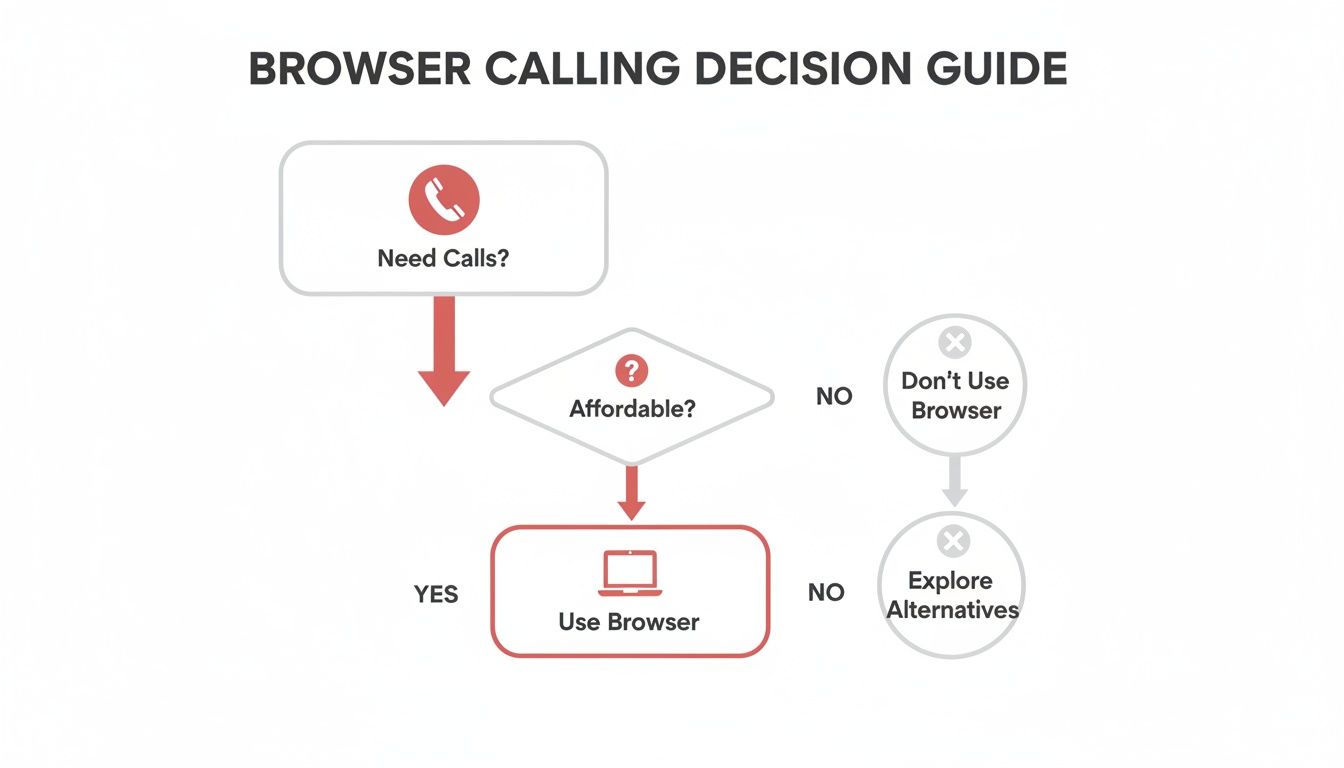 Flowchart guiding the decision-making process for using browser-based calling, considering need and affordability.