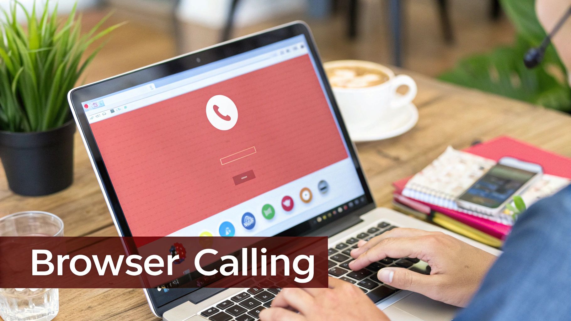 A person uses a laptop displaying a browser calling interface, wearing a headset at a desk.