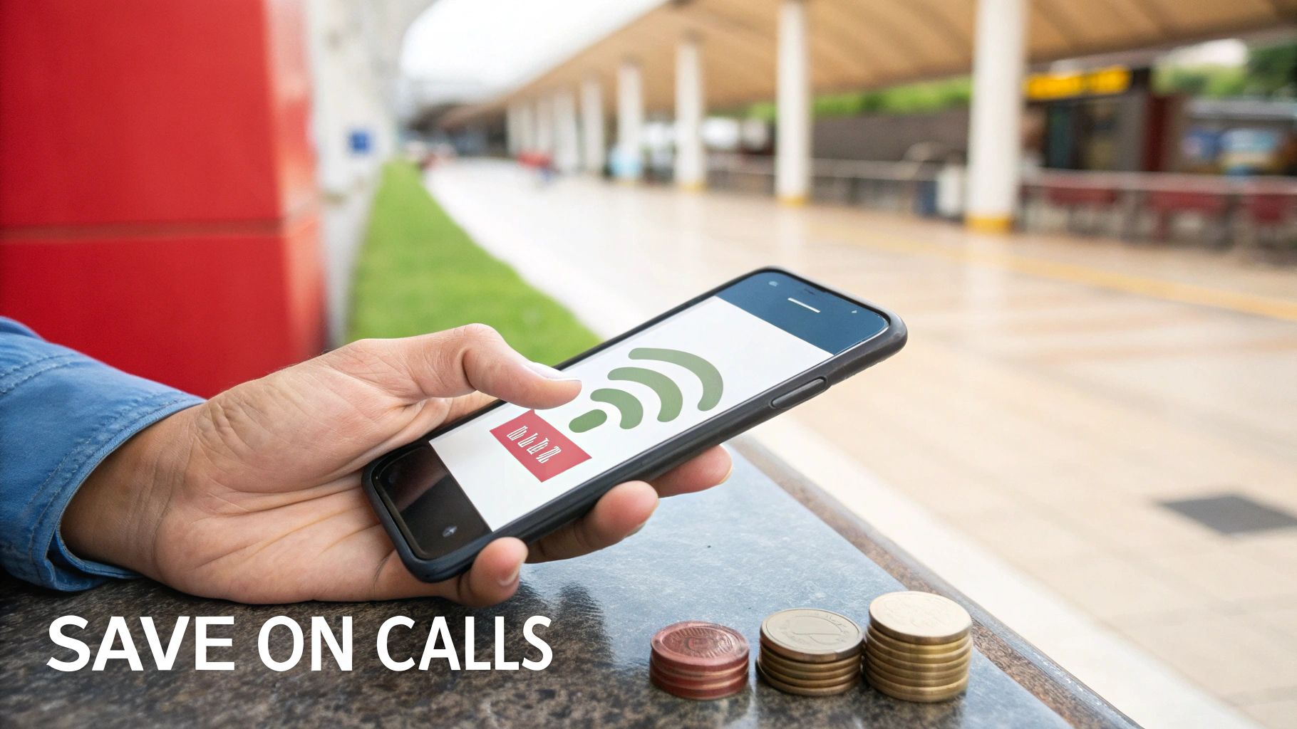A hand holds a smartphone displaying a Wi-Fi icon, next to stacks of coins and 'SAVE ON CALLS' text.