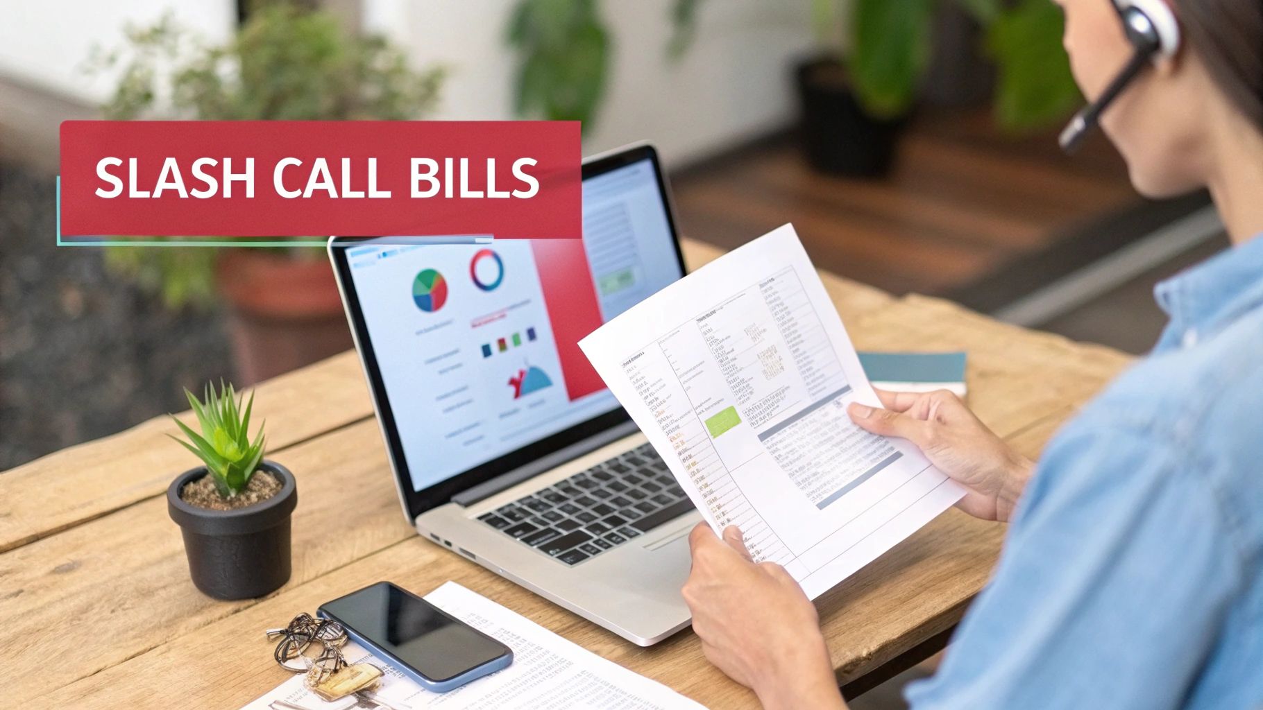 Person with headset reviewing documents and laptop displaying charts, next to a 'SLASH CALL BILLS' banner.