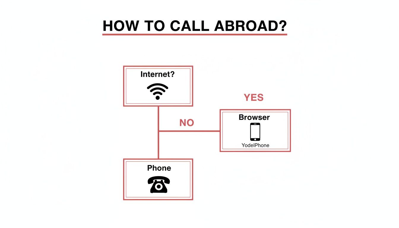 A flowchart titled 'HOW TO CALL ABROAD?', guiding users to choose YodelPhone with internet or a traditional phone.