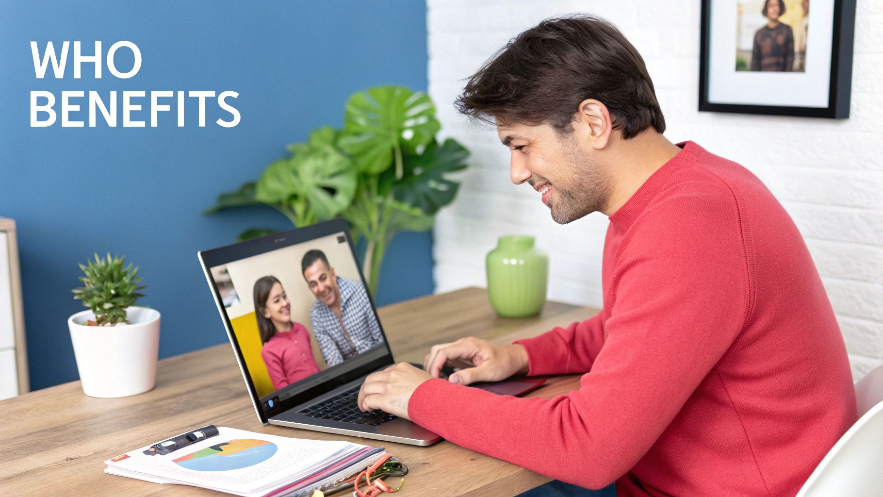 A smiling man makes a video call to a father and daughter on his laptop.