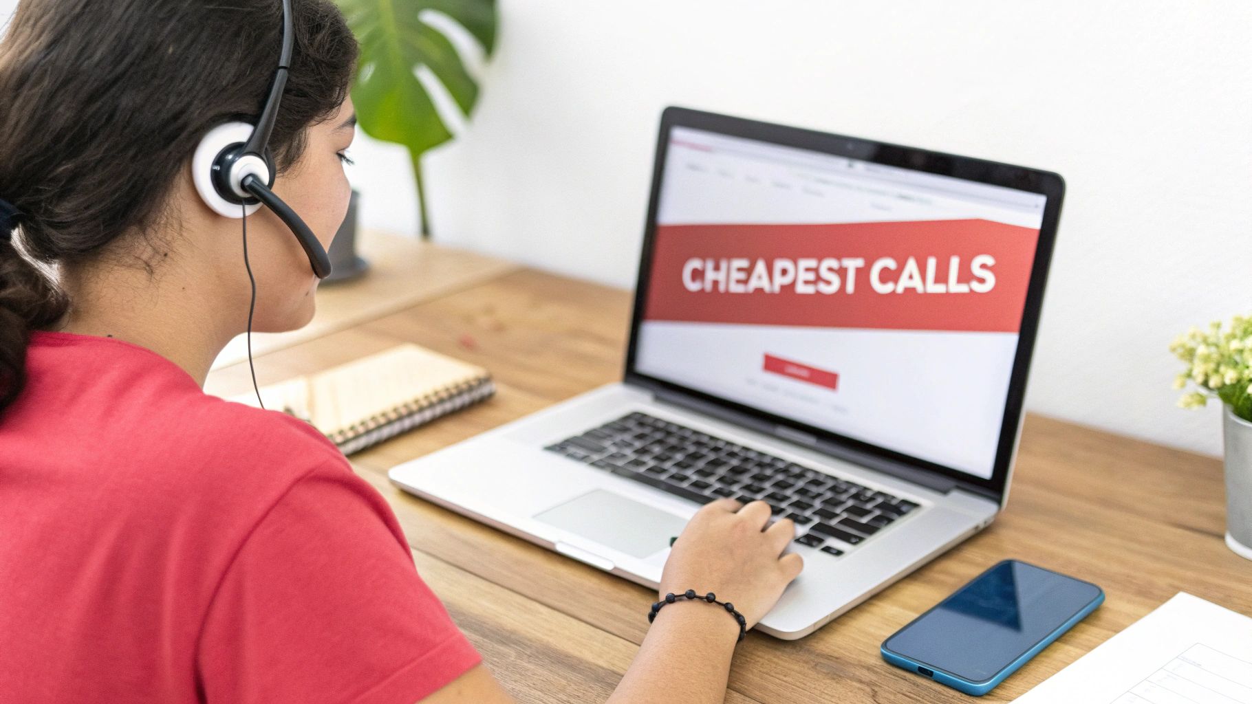A person with a headset typing on a laptop, which displays "CHEAPEST CALLS" on a wooden desk.