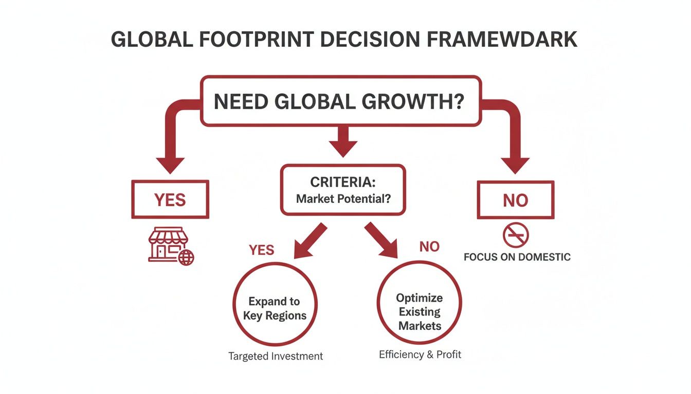 A flowchart showing a global footprint decision framework for market expansion and growth strategies.