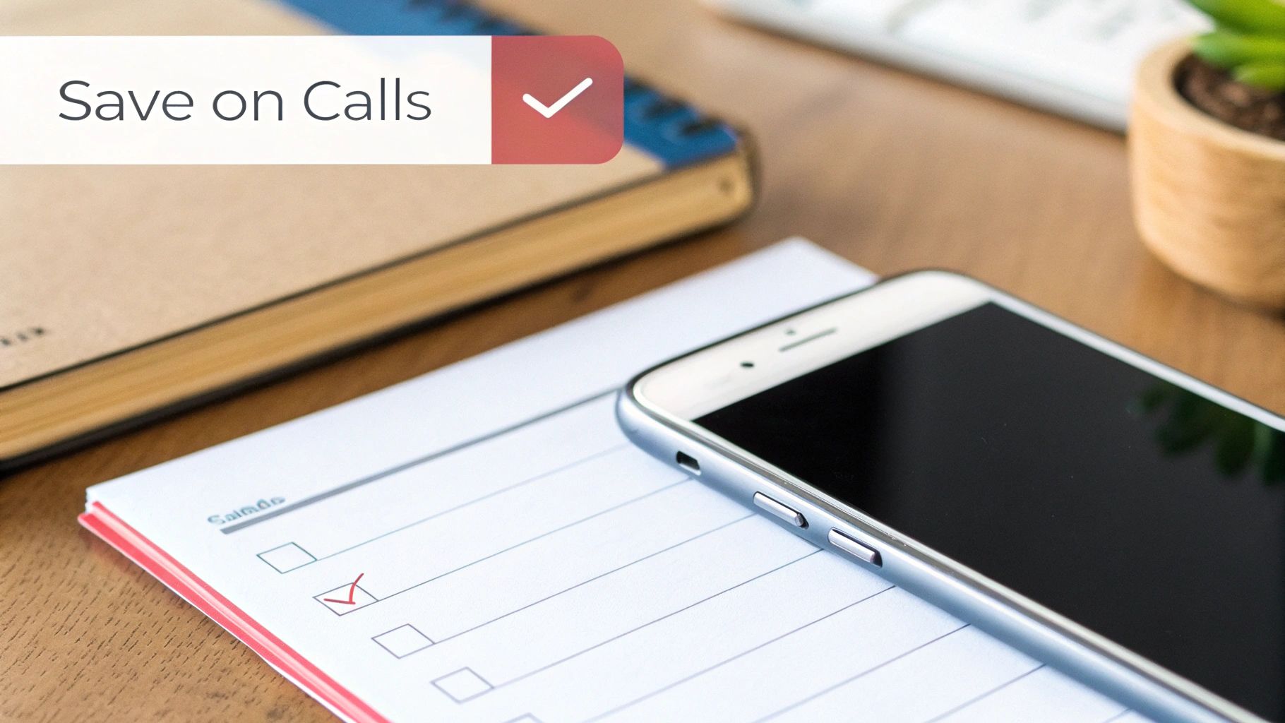 A smartphone on a checklist notebook next to a book, with 'Save on Calls' text and a checkmark.
