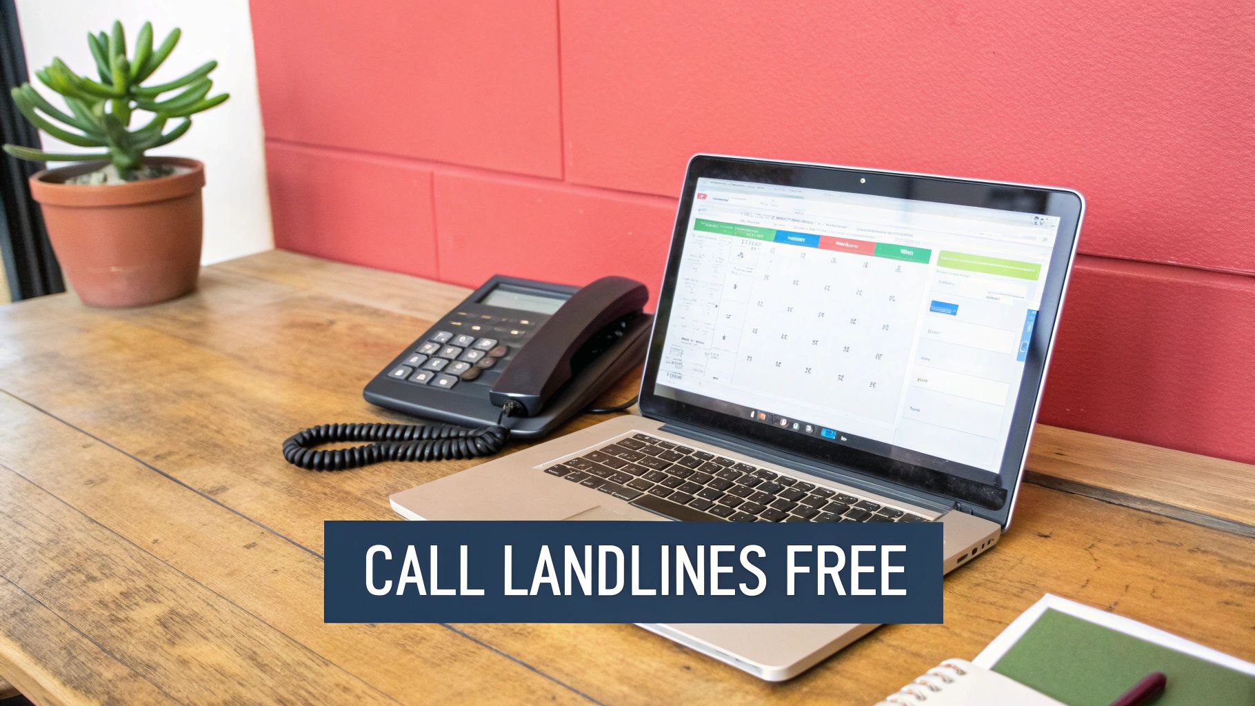 Close-up of a wooden desk with a landline phone, laptop showing a calendar, and 'CALL LANDLINES FREE' text overlay.