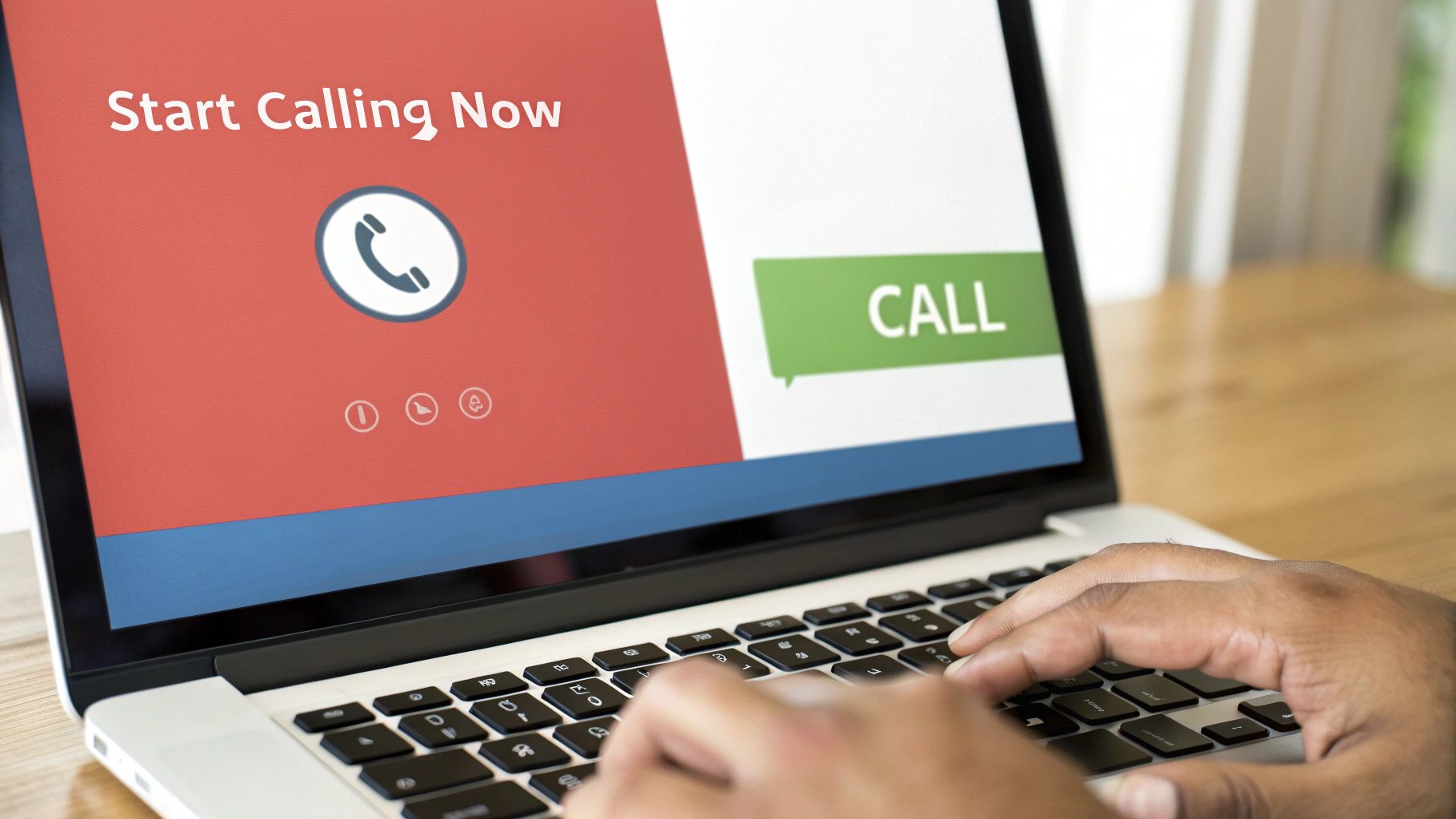 A person's hands type on a laptop showing a "Start Calling Now" interface with a phone icon.