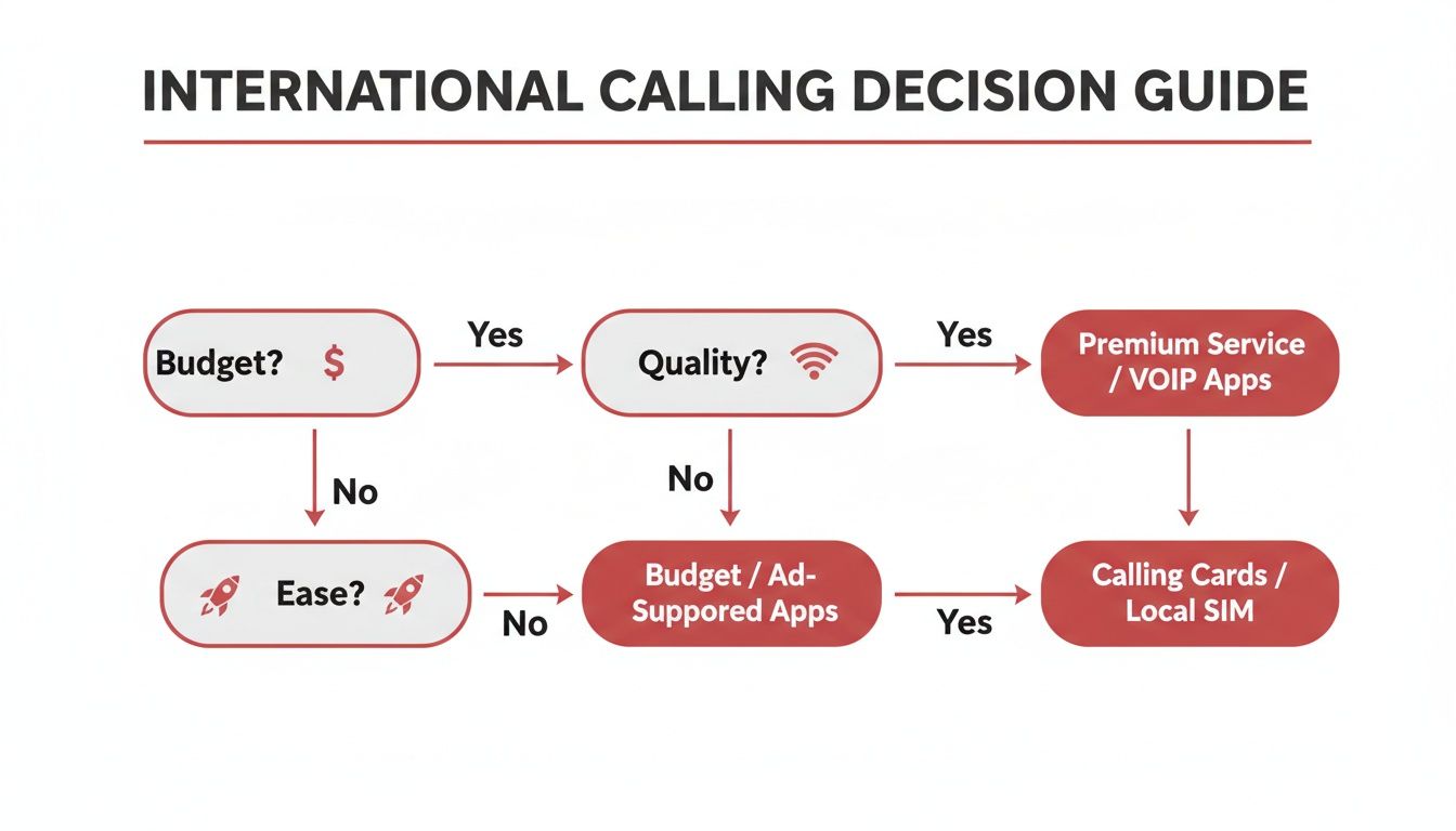 Flowchart illustrating an international calling decision guide based on budget, quality, and ease of use.