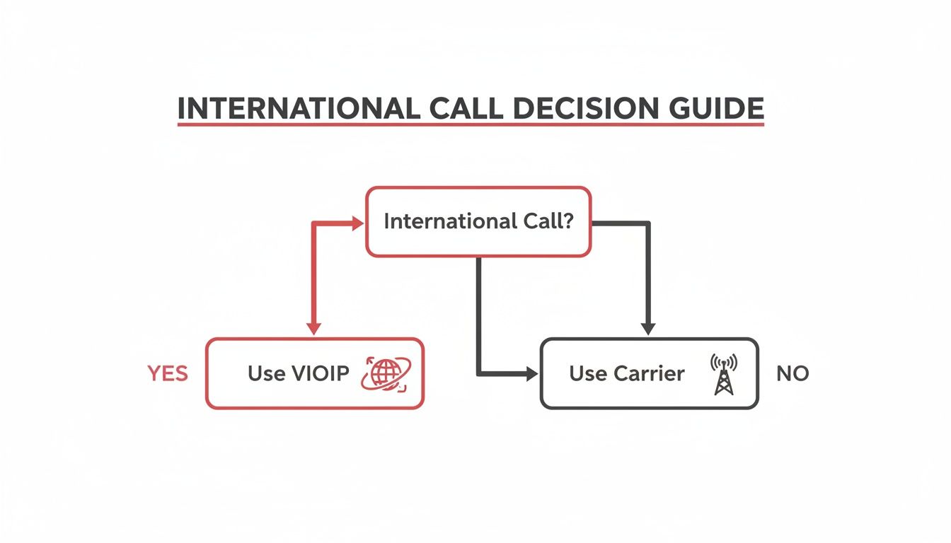 Flowchart titled 'International Call Decision Guide' showing to use VOIP for international calls and a carrier otherwise.