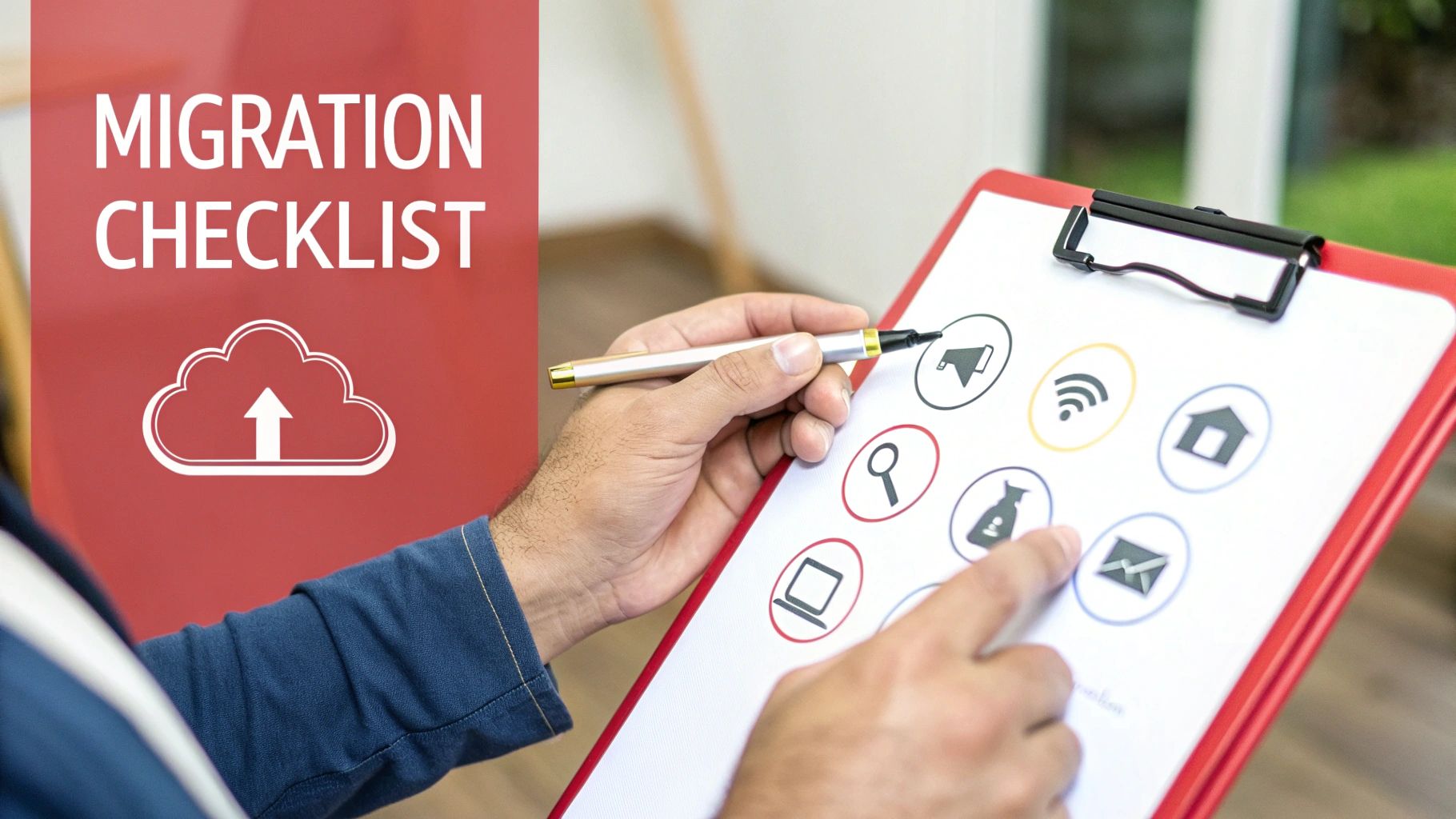 A person's hand points at a cloud migration checklist on a clipboard with icons.