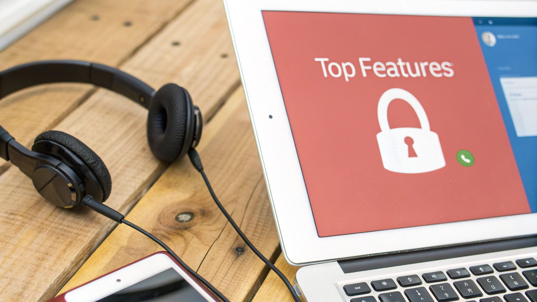A laptop displaying 'Top Features' with a padlock icon, headphones, and a tablet on a wooden desk.