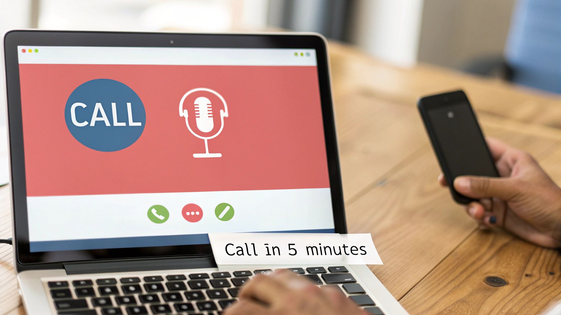 A person preparing for a video call on a laptop with a sticky note saying 'Call in 5 minutes'.