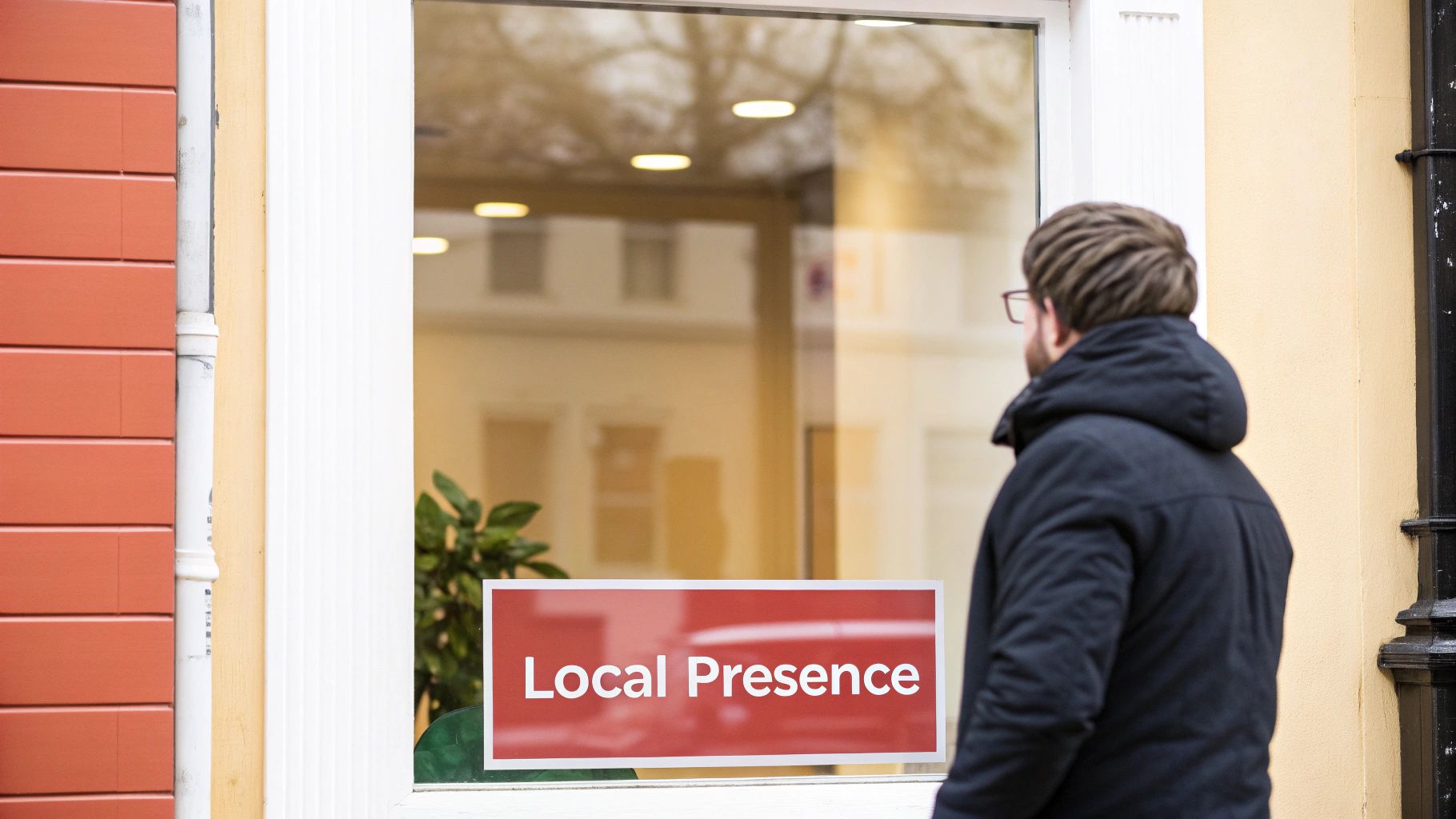 A man in a black jacket looks at a shop window displaying a 'Local Presence' sign.