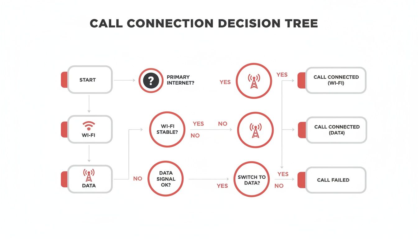 A flowchart detailing a call connection decision tree, outlining steps for Wi-Fi, data, and call failure.