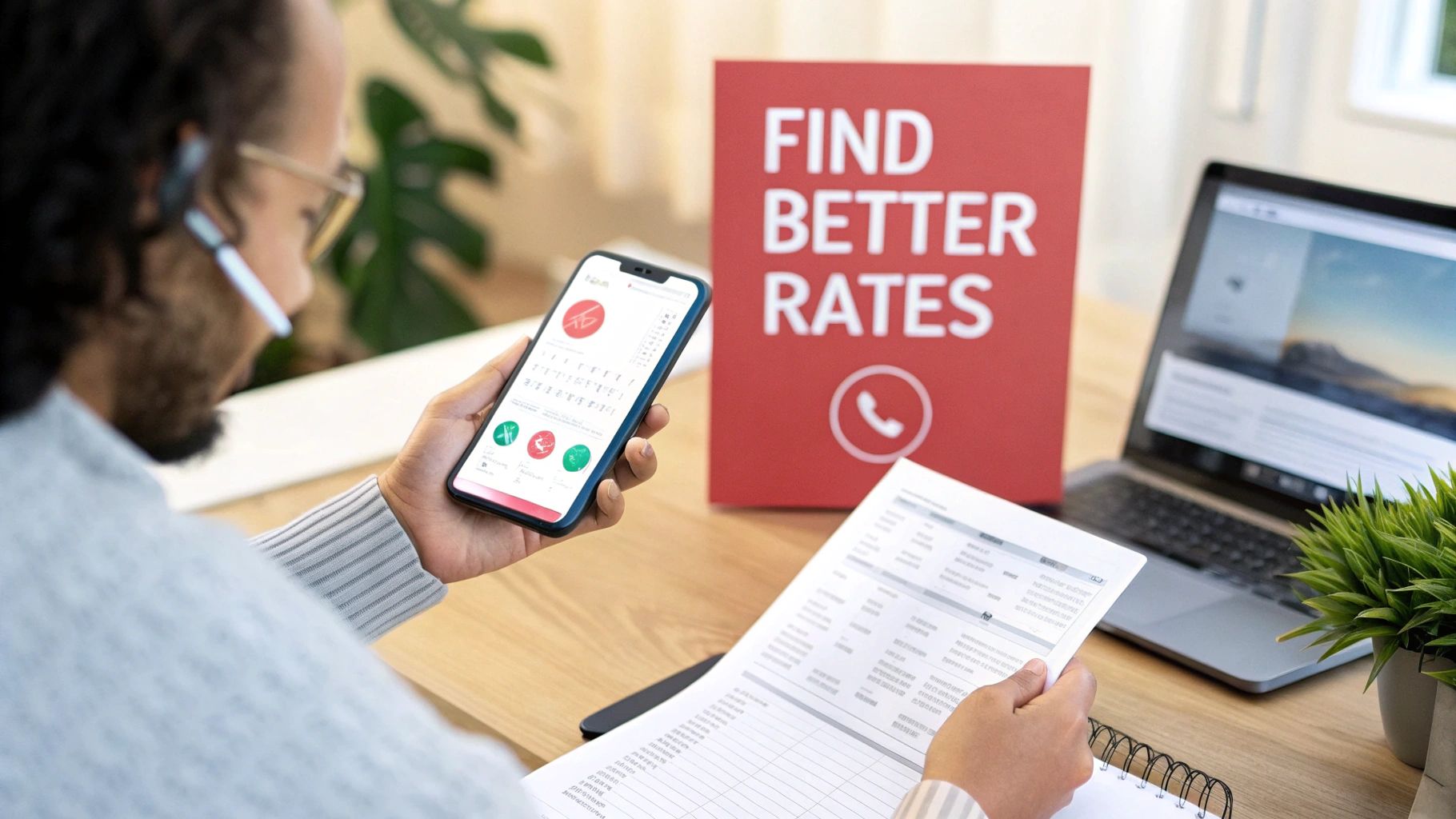 Person comparing rates on a smartphone while holding documents, with a 'Find Better Rates' sign.