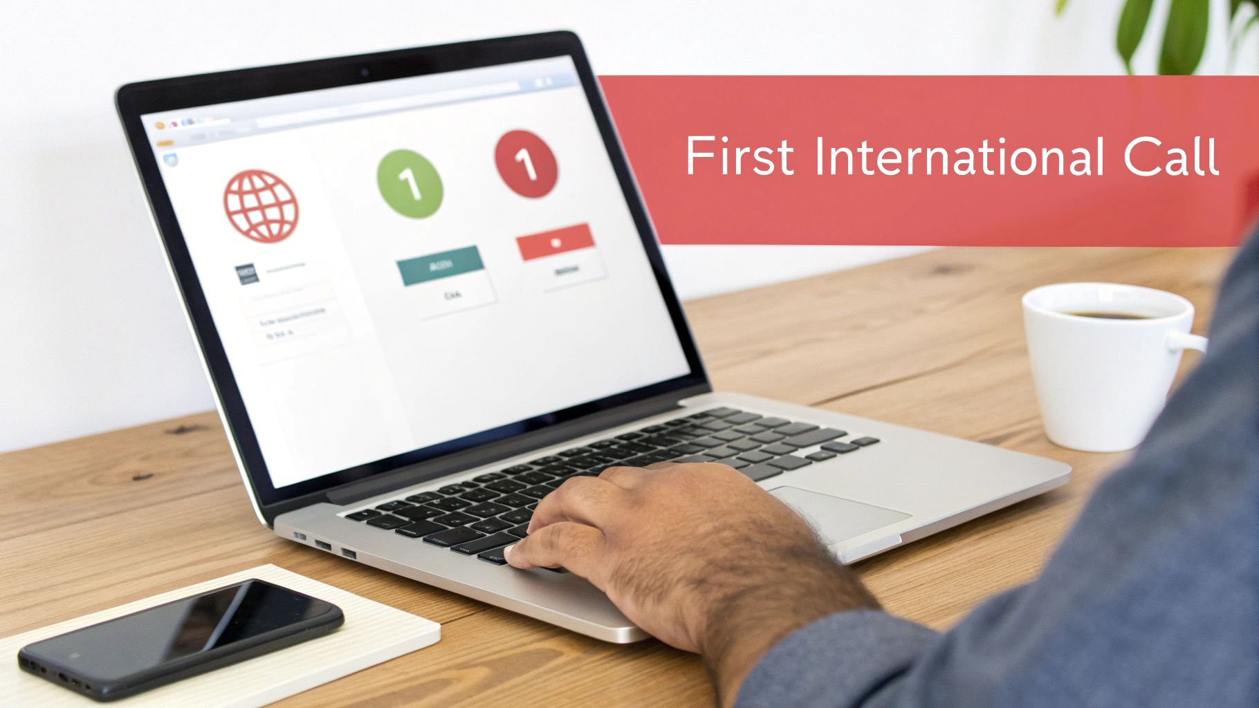 A person types on a laptop displaying a 'First International Call' interface, with a phone and coffee nearby.