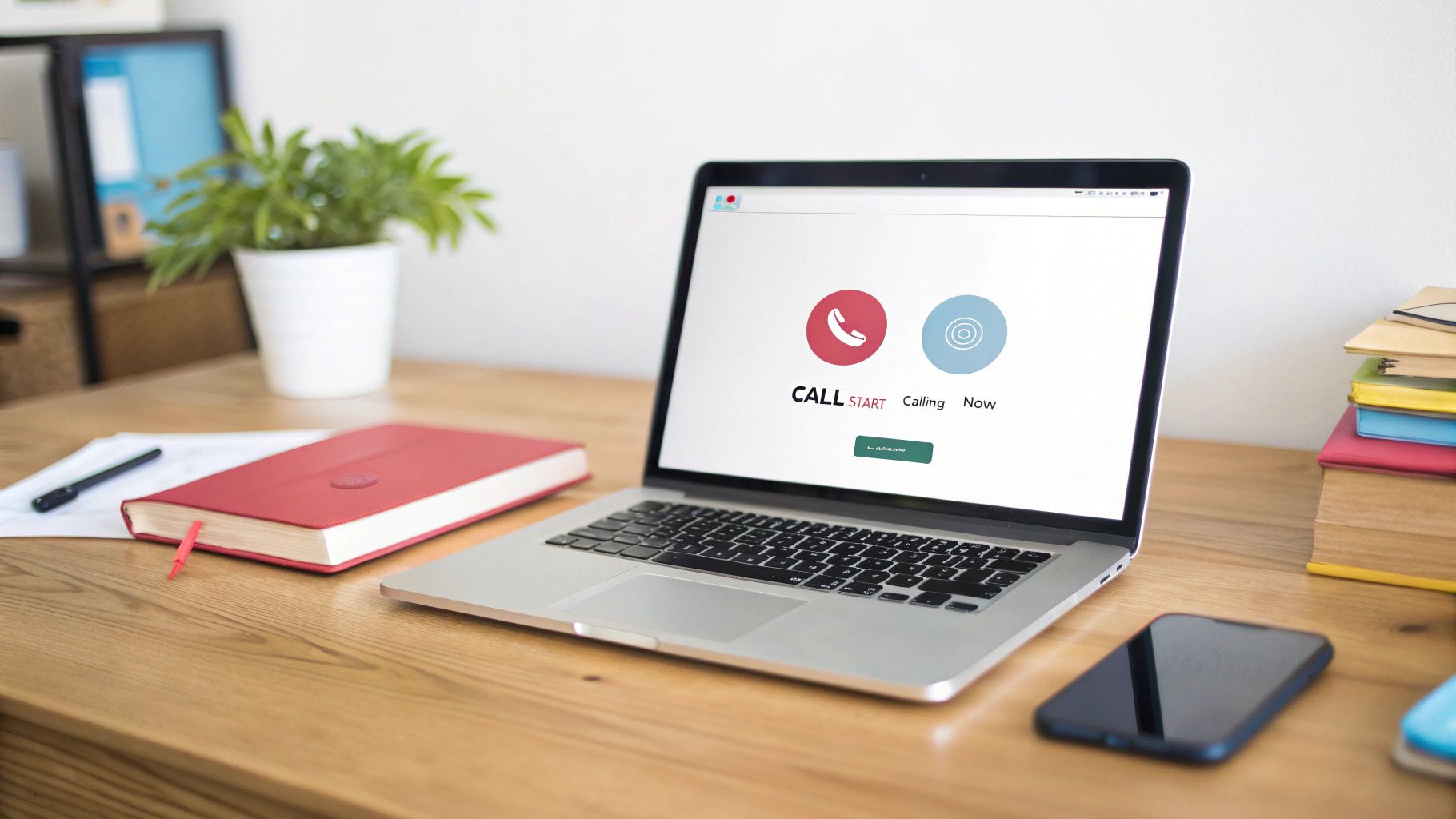 A laptop on a wooden desk displays a video call interface with a phone icon and 'CALL START' text.