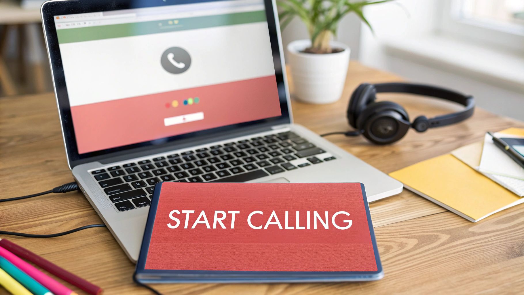 A desk setup with a laptop showing a video call screen, a tablet, and headphones.