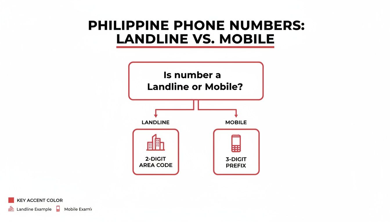 Flowchart differentiating Philippine landline numbers (2-digit area code) from mobile numbers (3-digit prefix).