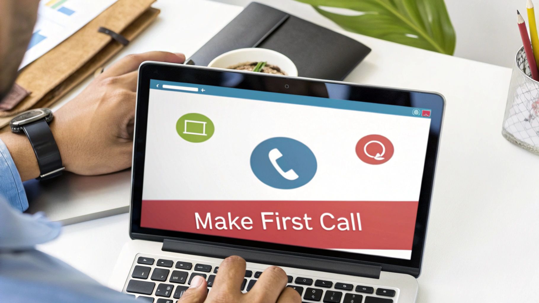 Hands typing on a laptop displaying a 'Make First Call' interface with call and video icons.