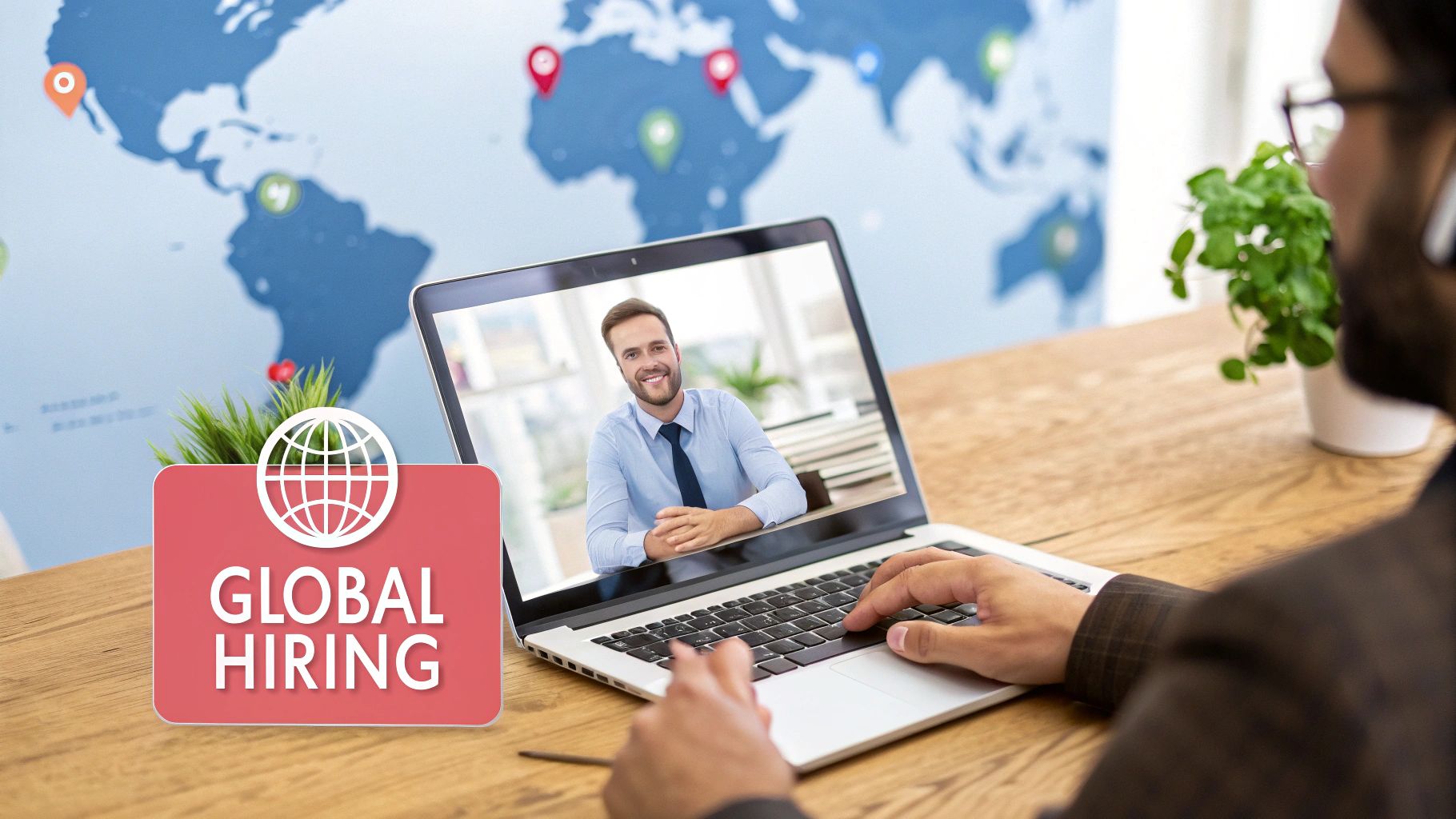 Man typing on laptop during a global hiring video call with a world map.