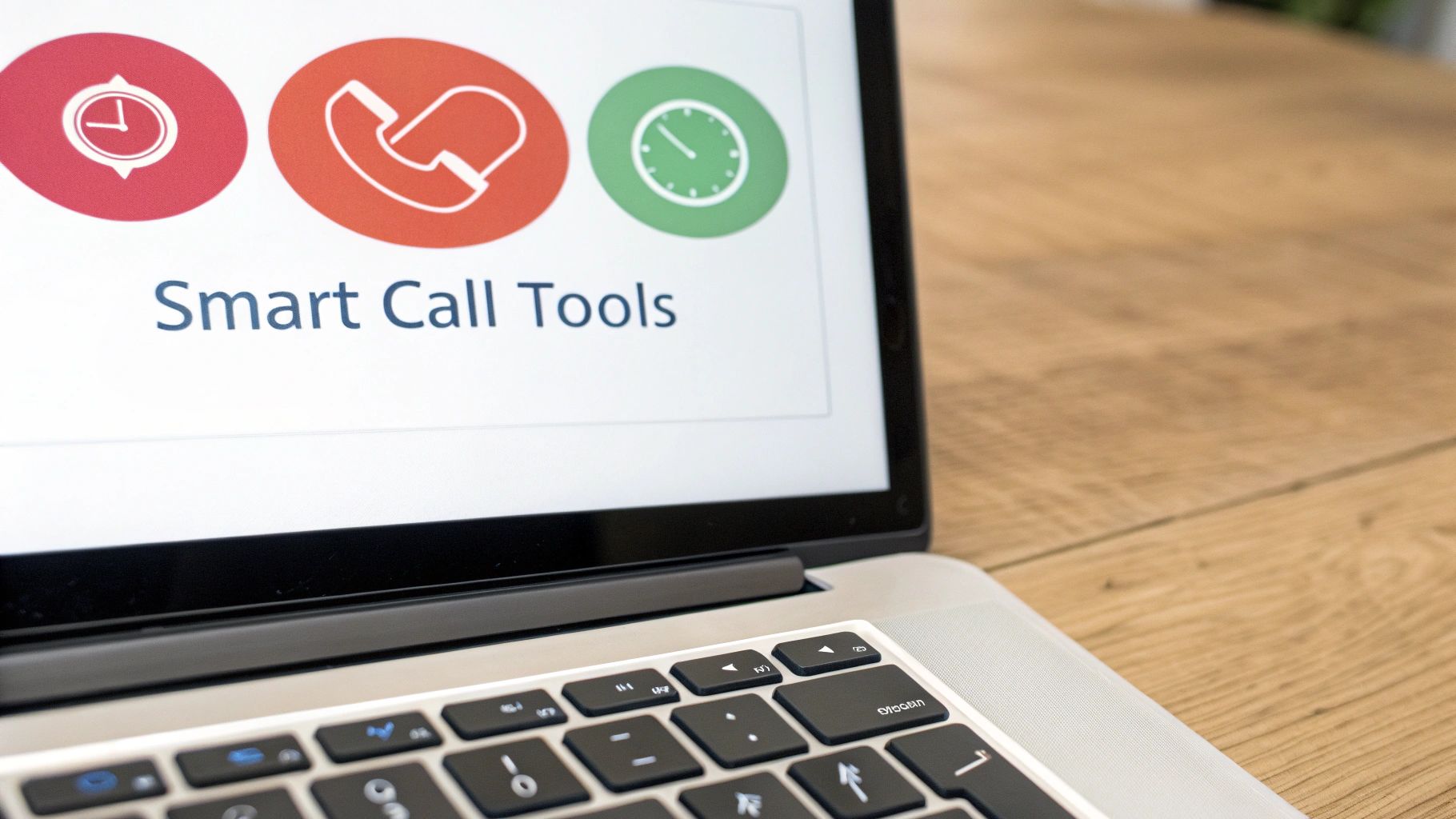 A laptop screen displays 'Smart Call Tools' with icons for scheduling and phone calls on a wooden desk.