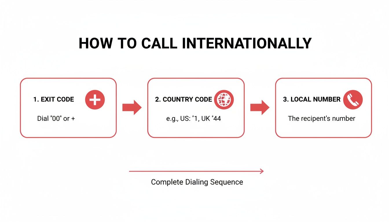 Diagram illustrating the steps to make an international call: exit code, country code, and local number.
