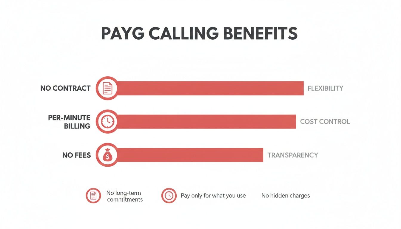 Infographic detailing PAYG calling benefits: flexibility, cost control, and transparency with no hidden fees.