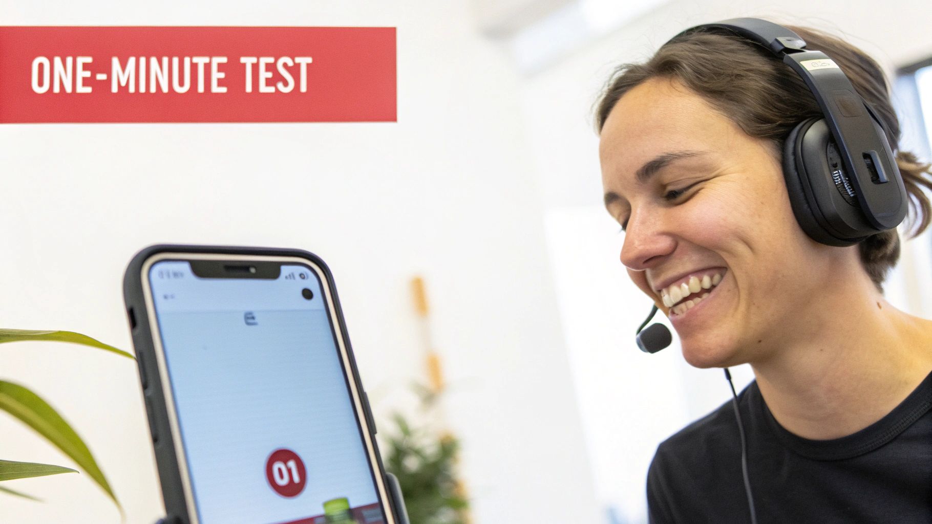 Smiling person wears a headset with a mic, looking at a smartphone displaying a 'one-minute test'.