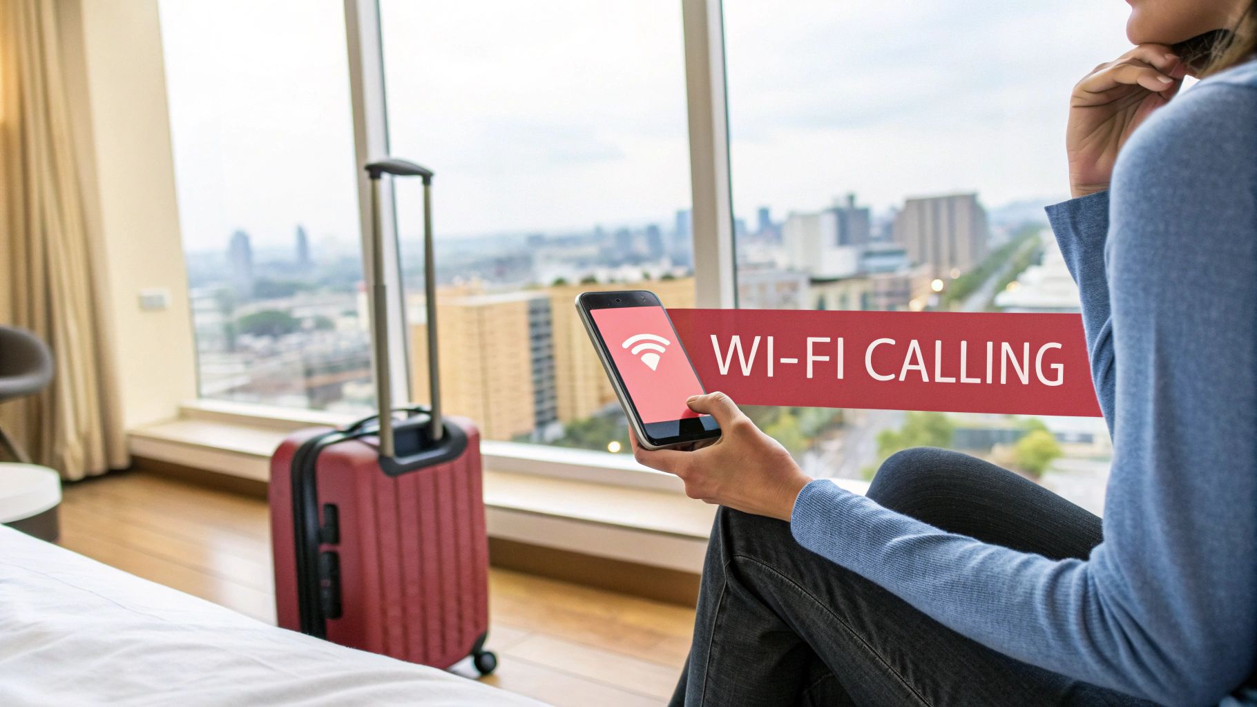 Woman in a hotel room using her smartphone for Wi-Fi calling, with a suitcase and city view.