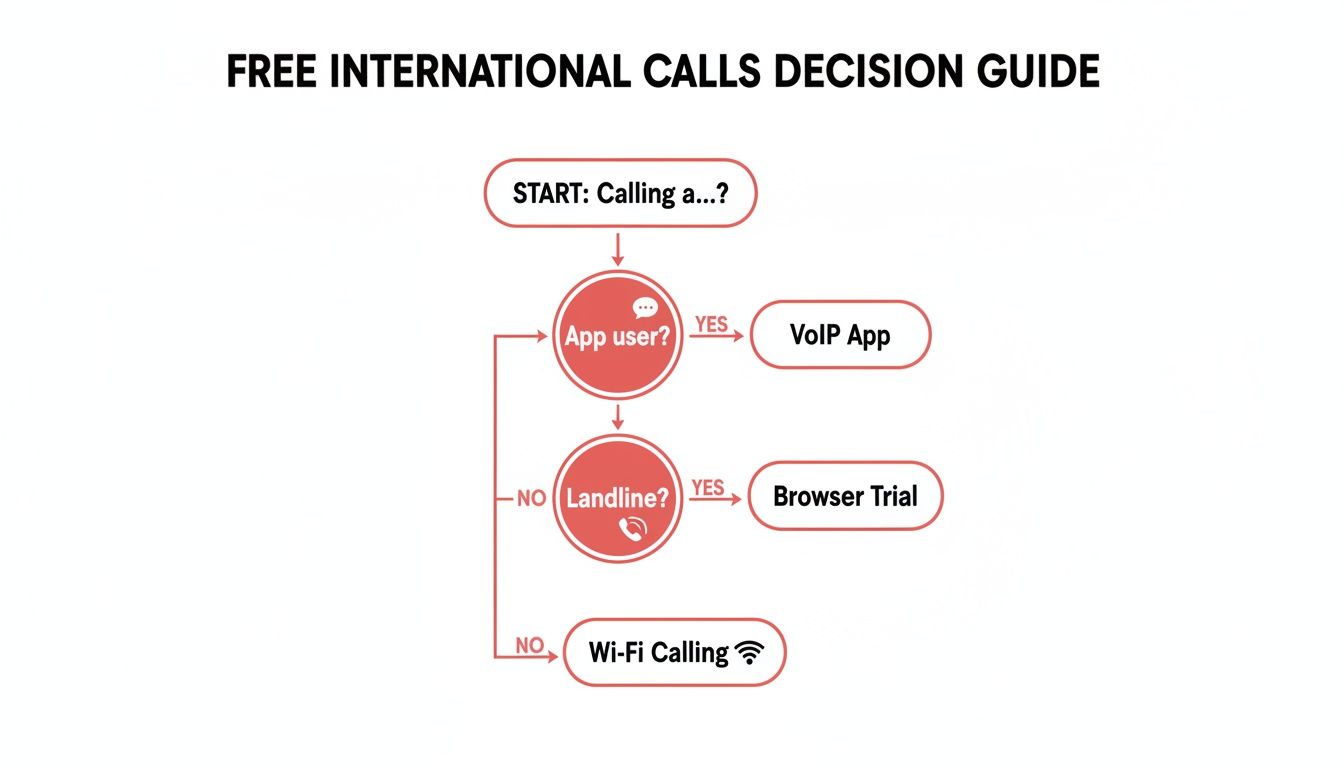 Flowchart guiding users on how to make free international calls using VoIP apps, browser trials, or Wi-Fi.