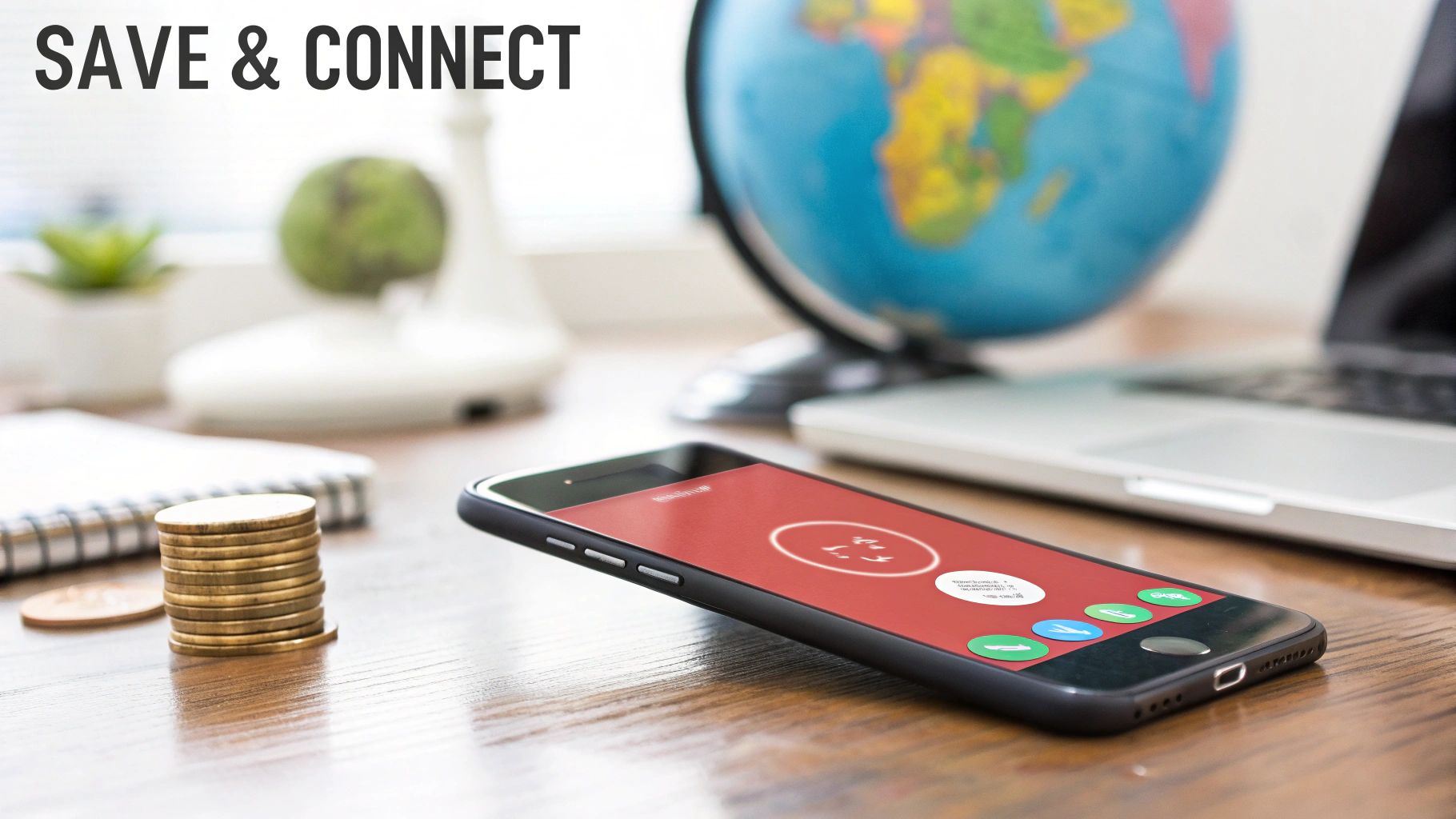 Desk setup with a smartphone, coins, globe, and laptop, featuring 'SAVE & CONNECT' text.