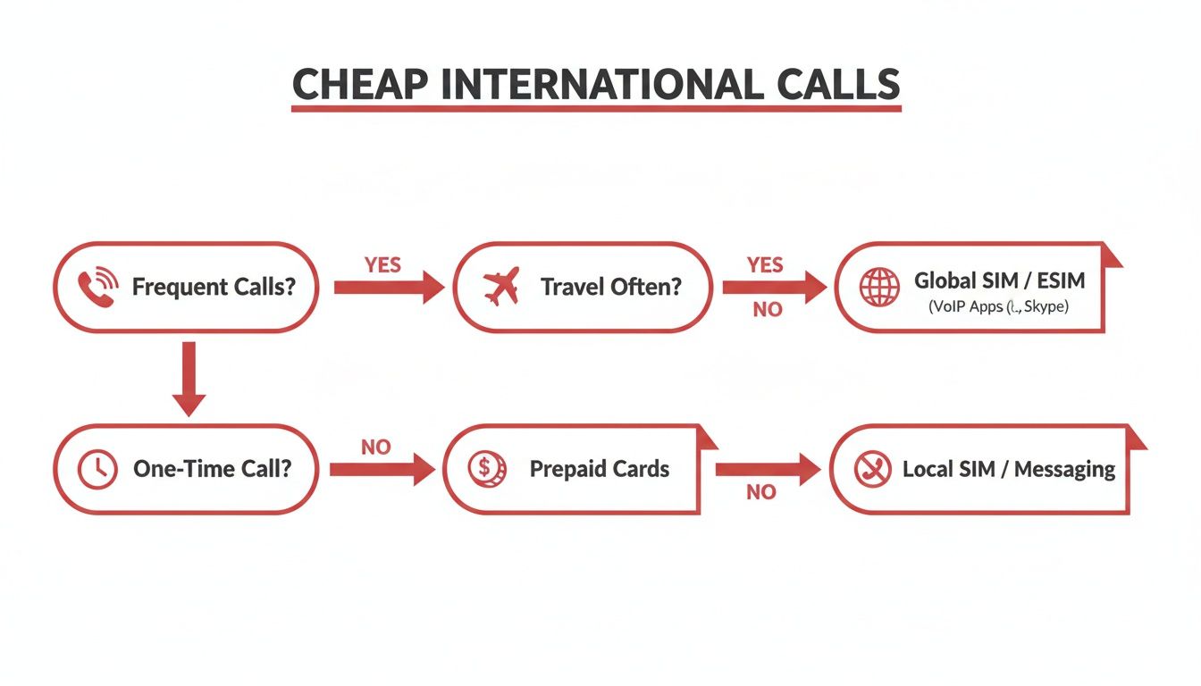 Flowchart outlining options for cheap international calls, including Global SIM, prepaid cards, and local SIM.