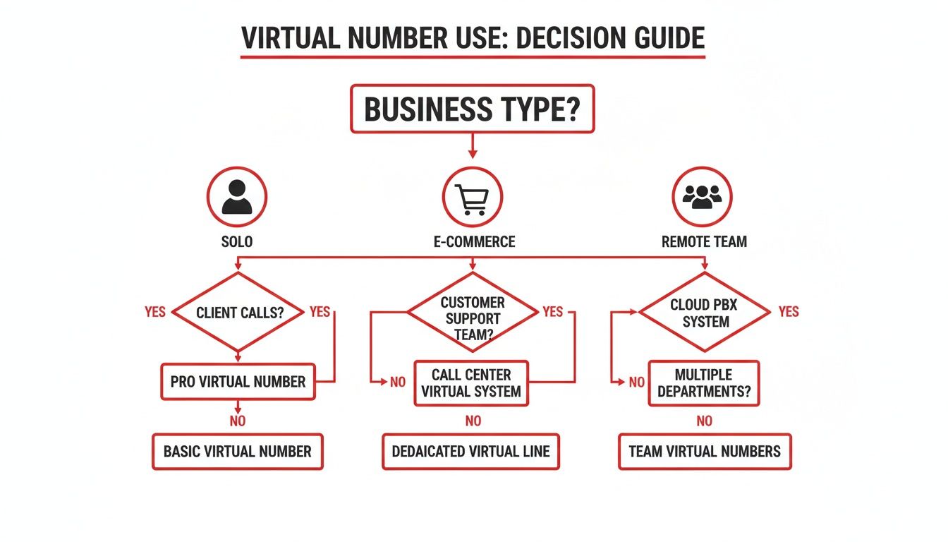 Flowchart guiding virtual number selection based on business type, client calls, support team, and PBX system.