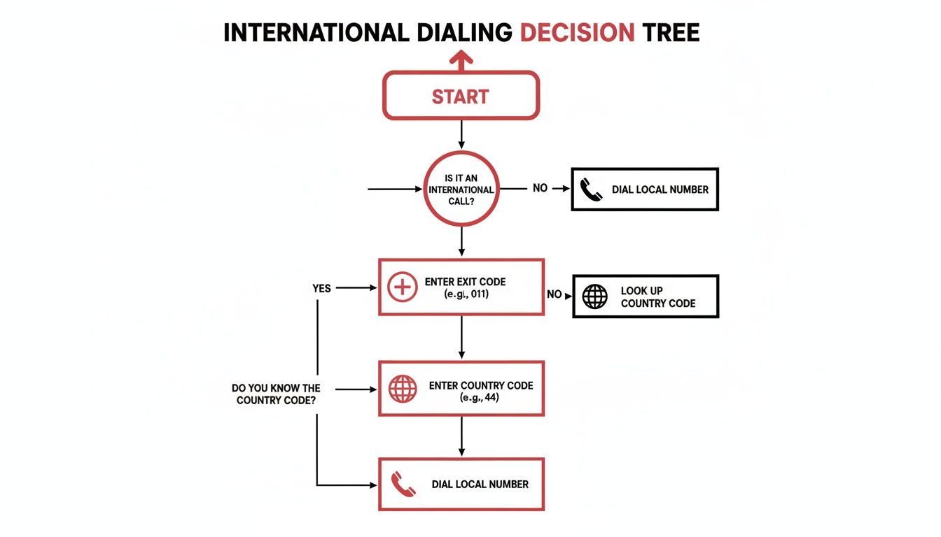Flowchart illustrating the decision-making process for making international phone calls, including exit and country codes.