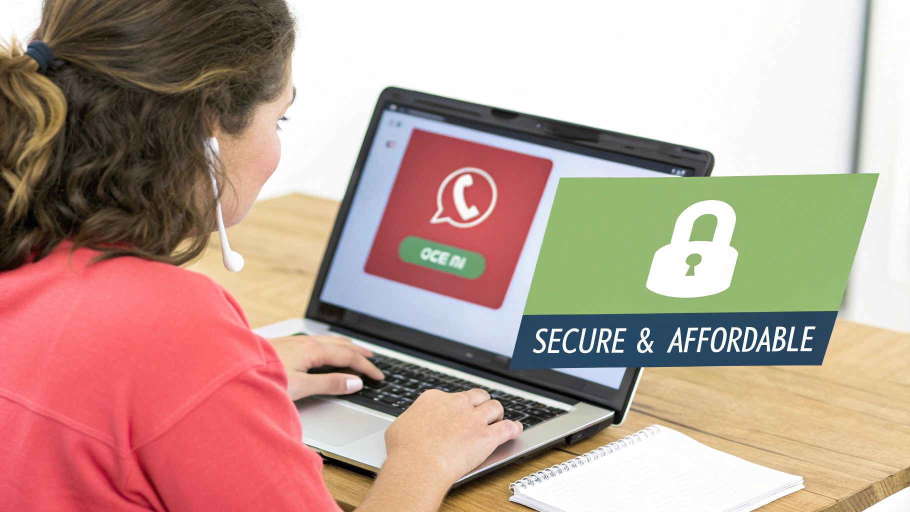 Person wearing earbuds uses a laptop with a phone icon and 'OCEAN' text, highlighting secure and affordable communication.