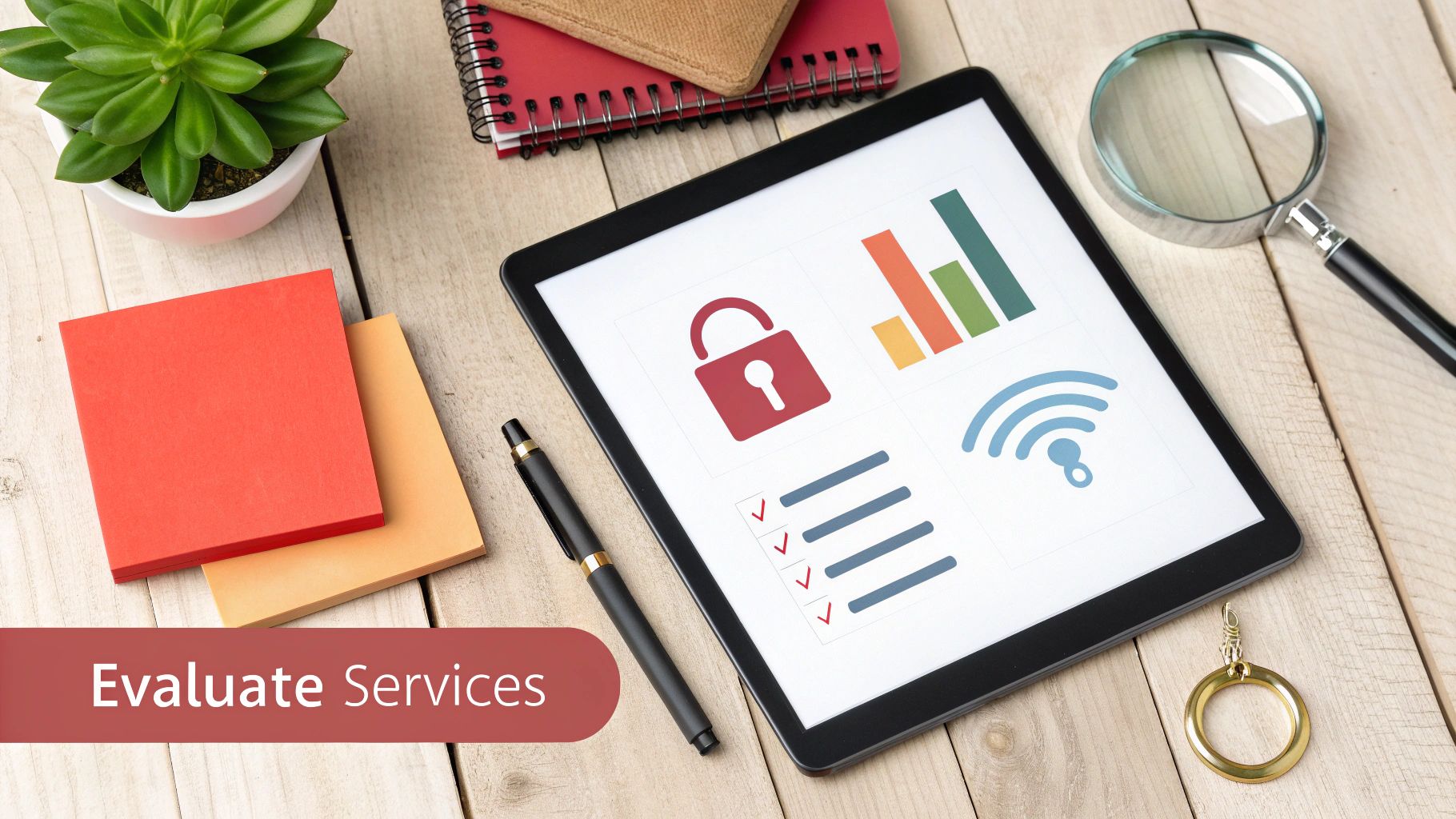 Overhead view of a business workspace with a tablet displaying service evaluation icons and text 'Evaluate Services'.